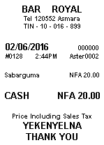 Bar Royal Asmara - Cash receipt