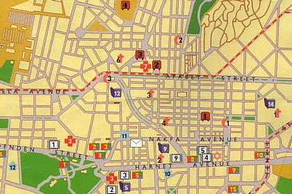 Main bus stations in Asmara and other landmarks in the center of Asmara.