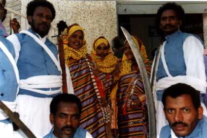 Asmara - Eritrea. Afar dancers at the celebrating the 10th anniversary of liberation in Asmara Stadium.