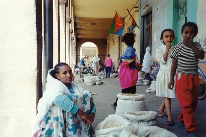 Woman selling grains at Mede Ertra bus station Asmara Eritrea