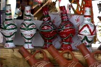 Colorful jebena's (Eritrean coffee pots) at the Asmara market.