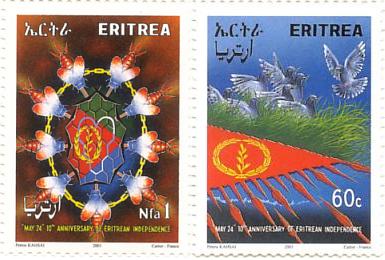 Stamps issued by the Eritrean Postal Services om the occasion of Eritrea's 10th Independence Day, May 24th 2001.