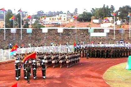 Parade of the various military units, representing the Defense forces, namely the Eritrean Air Force, Eritrean Navy and Eritrean Army and the Asmara Police, earlier Yikaalo troops and recent Warsai soldiers.