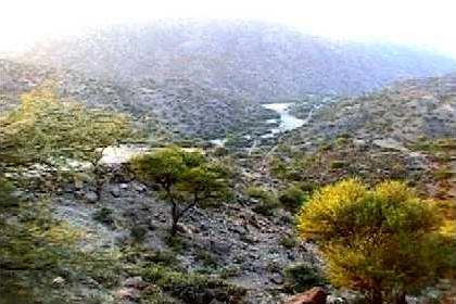 The riverbed that also serves as a road, seen from above.