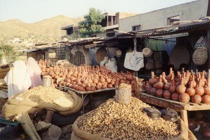 Market at the Keren bus terminal - peanuts and jebena's (coffee pots)