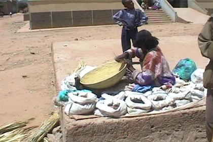 Woman selling spices and plaiting a basket from straw in Senafe.