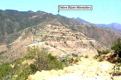 The trail to the Debre Bizen Monastery, ribboning up the right side of the mountain.