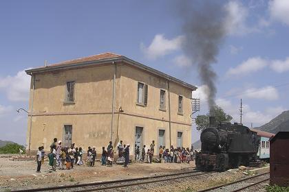 Excited children looking at the arrival of the train on one of the railway stations between Asmara and Ghinda.