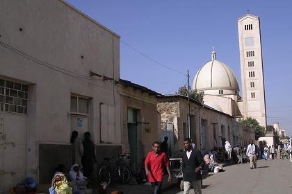 Asmara Eritrea - Chicken market and Kidane Mehret church.