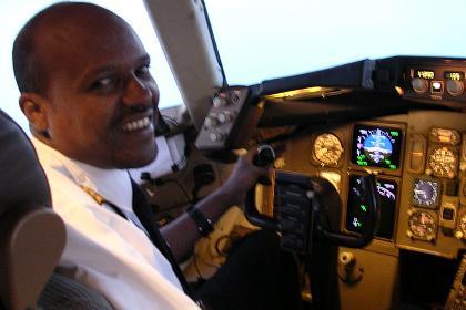 Captain Isaias in the cockpit of the Eritrean Airlines Boeing 767.
