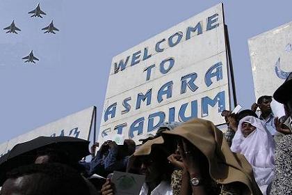 Eritrean Air Force fighter planes flying over the Asmara Stadium.