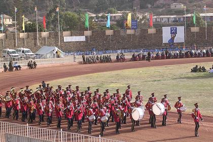The National Military Marching Band playing in Asmara Stadium.