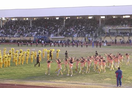 Hundreds of students dancing at the celebrations in Asmara Stadium.