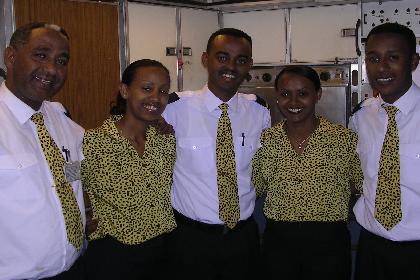 Part of the cabin crew of the Eritrean Airlines flight to Asmara: Tsegai, Wintana, Meron, Meraf and Hertema.