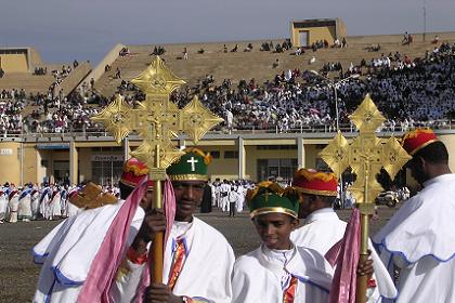 The celebration of Meskel - Bahti Meskerem Square Asmara Eritrea. Priests with their finest habits and best crosses decorated with gold. 