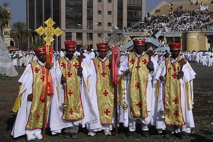 The celebration of Meskel - Bahti Meskerem Square Asmara Eritrea. Priests with their finest habits and best crosses decorated with gold. 