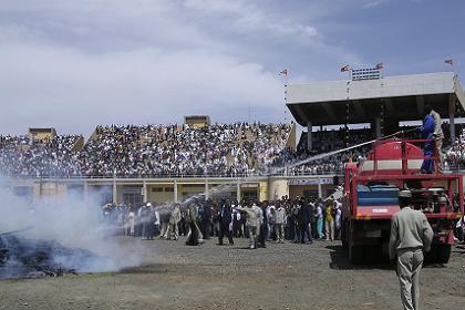 The Asmara fire brigade extinguishing the remainders of the Damera.