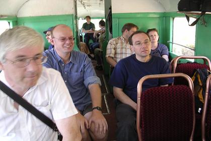 Interior of the Littorina. Peter Patt (smiling) and his railway fans.