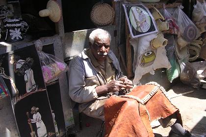 Traditional handicraft (leather working) at the market behind the main mosque - Asmara Eritrea.