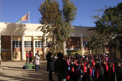 Hoisting of the flag and singing the national anthem. Dembe Sembel School - Asmara  Eritrea.