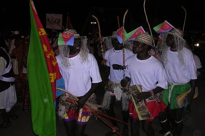 Kunama traditional troupe singing
and displaying the Kunama tradition. Celebrations of 14th Independence Day - Bathi Meskerem Asmara Eritrea.