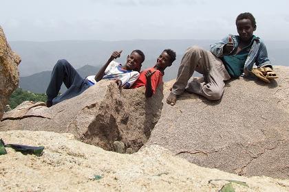 Filmon, Bereket and Semir - My guides on top of Mount Bizen (altitude 2,463 meter or 8,081 feet).