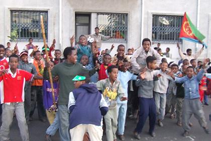 Children celebrating Eritrea Zambia (1-0) - Asmara Eritrea.