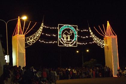Colorful illuminated entrance - Bathi Meskerem Square Asmara Eritrea.