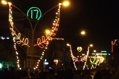 Illuminated streets of Asmara - Semaetat Avenue Asmara Eritrea.
