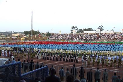Show by students featuring the Eritrean flag, ceremony of 17th Independence Day Asmara Stadium.