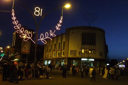 Illuminated Semaetat Avenue and Bar Zilly - Asmara Eritrea.