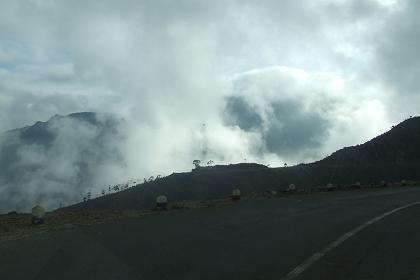 Driving through the foggy Asmara highlands - Eritrea.