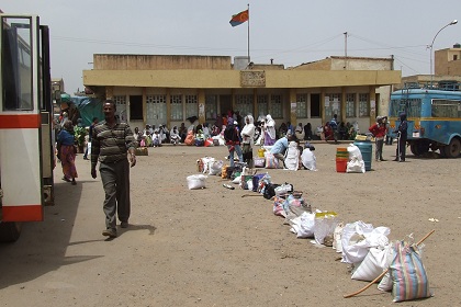 Virtual queue lined up for a public bus - Anseba bus station Asmara Eritrea.